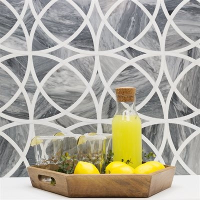 Gray Marble Backsplash with Fruit on Counter